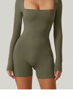 Amazon Olive Green Long Sleeve Square Neck Romper Jumpsuit